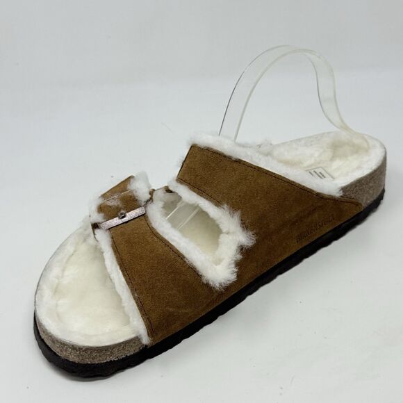 Birkenstock Arizona Shearling Sandals Mens 12 EU 45 Brown Suede 2 Strap Shoes main image 7